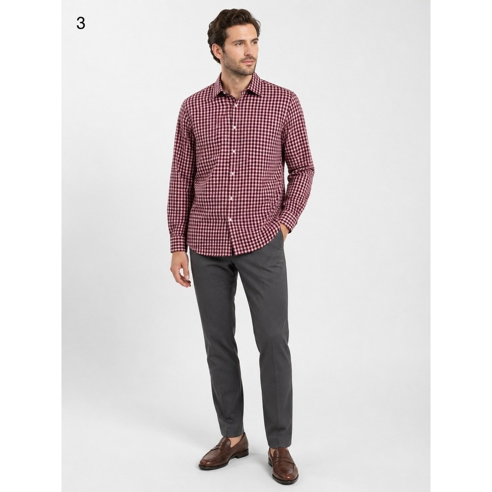 BONOBOS Button Front Shirt Mens 16/33 Tailored Slim Fit Red Pink Plaid Cotton